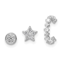 SS RH-pltd Polished CZ Star Circle and Ear Cuff Set of 3 Single Earring Set