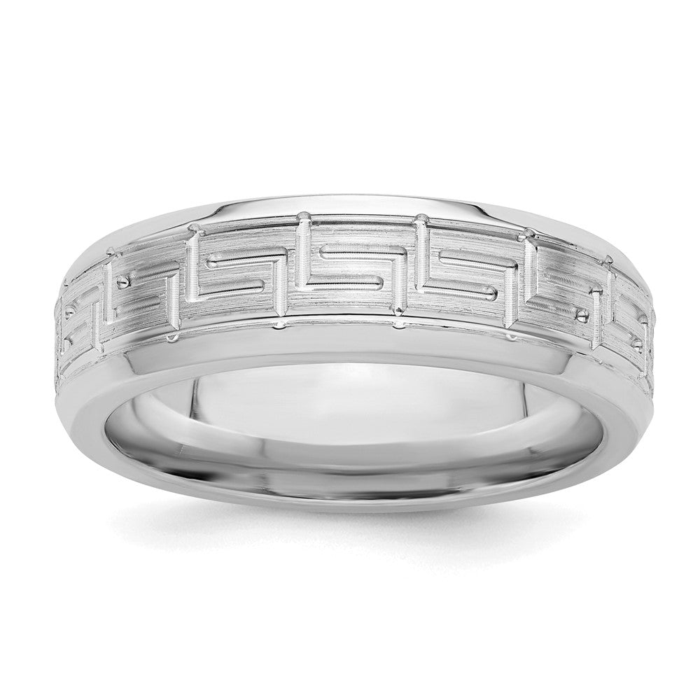Sterling Silver Rhodium-plated Grooved 6mm Brushed Greek Key Band