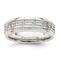 Sterling Silver 6mm Polished Greek Key Flat  Band Size 7.5