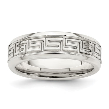 Sterling Silver 6mm Polished Greek Key Flat  Band Size 13.5