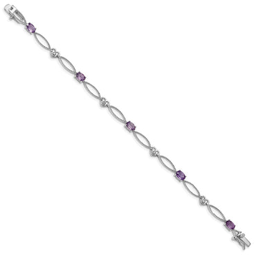 Sterling Silver Rhodium-plated Diamond & Amethyst Oval D/C Bracelet