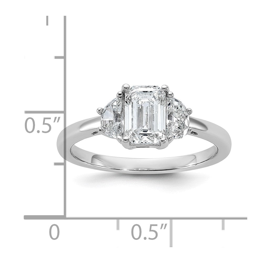 14kw 1 3/8ct Cert Lab Grown Dia VS+ F+ Emerald & 1/2 Moon 3 Stone Eng Ring