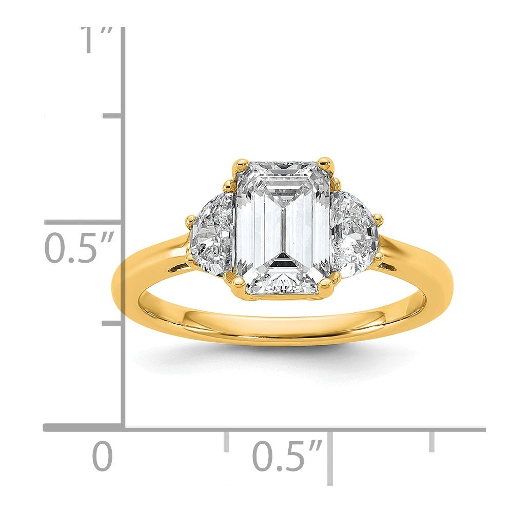 14k 2ct Cert Lab Grown Dia VS+ F+ Emerald & 1/2 Moon 3 Stone Eng Ring
