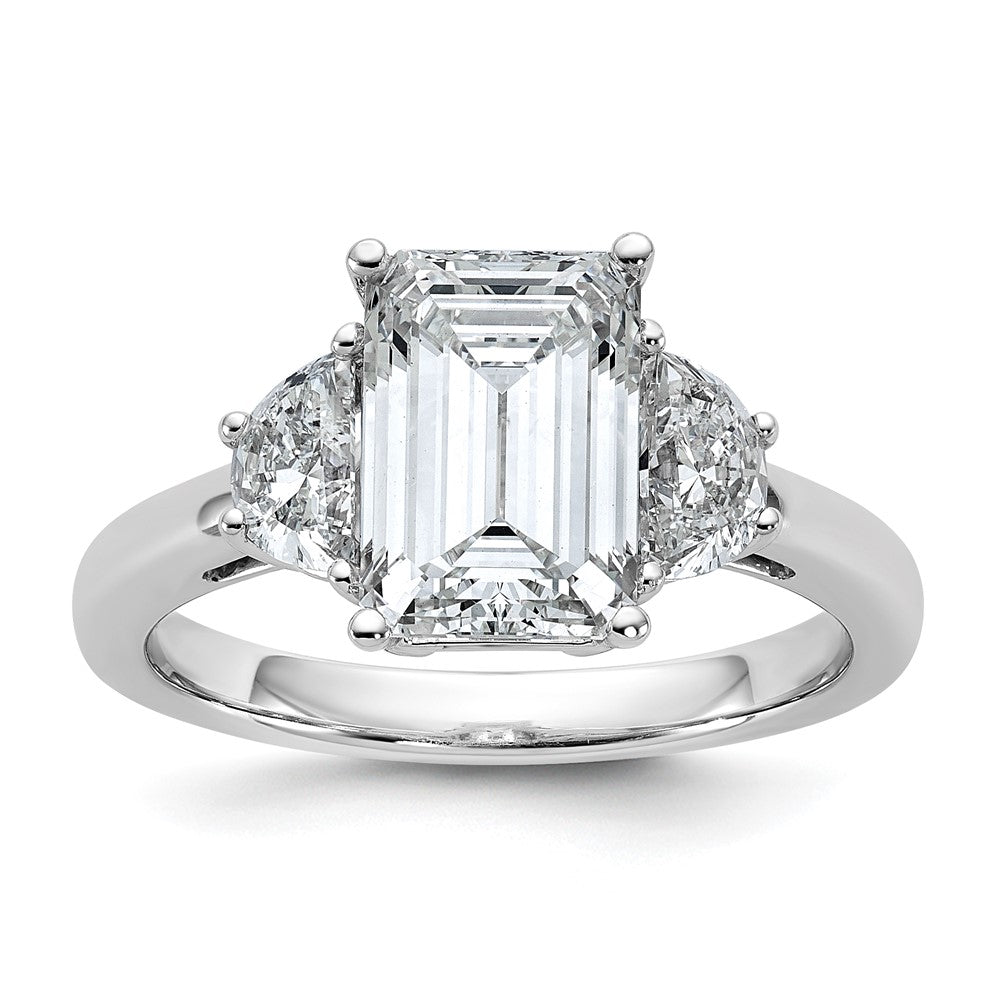 14kw 3 1/8ct Cert Lab Grown Dia VS/SI+ G+ Emerald&1/2 Moon 3Stone Eng Ring