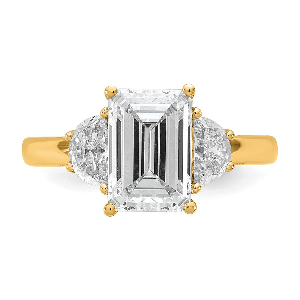 14k 3 1/8ct Cert Lab Grown Dia VS+ F+ Emerald & 1/2 Moon 3 Stone Eng Ring