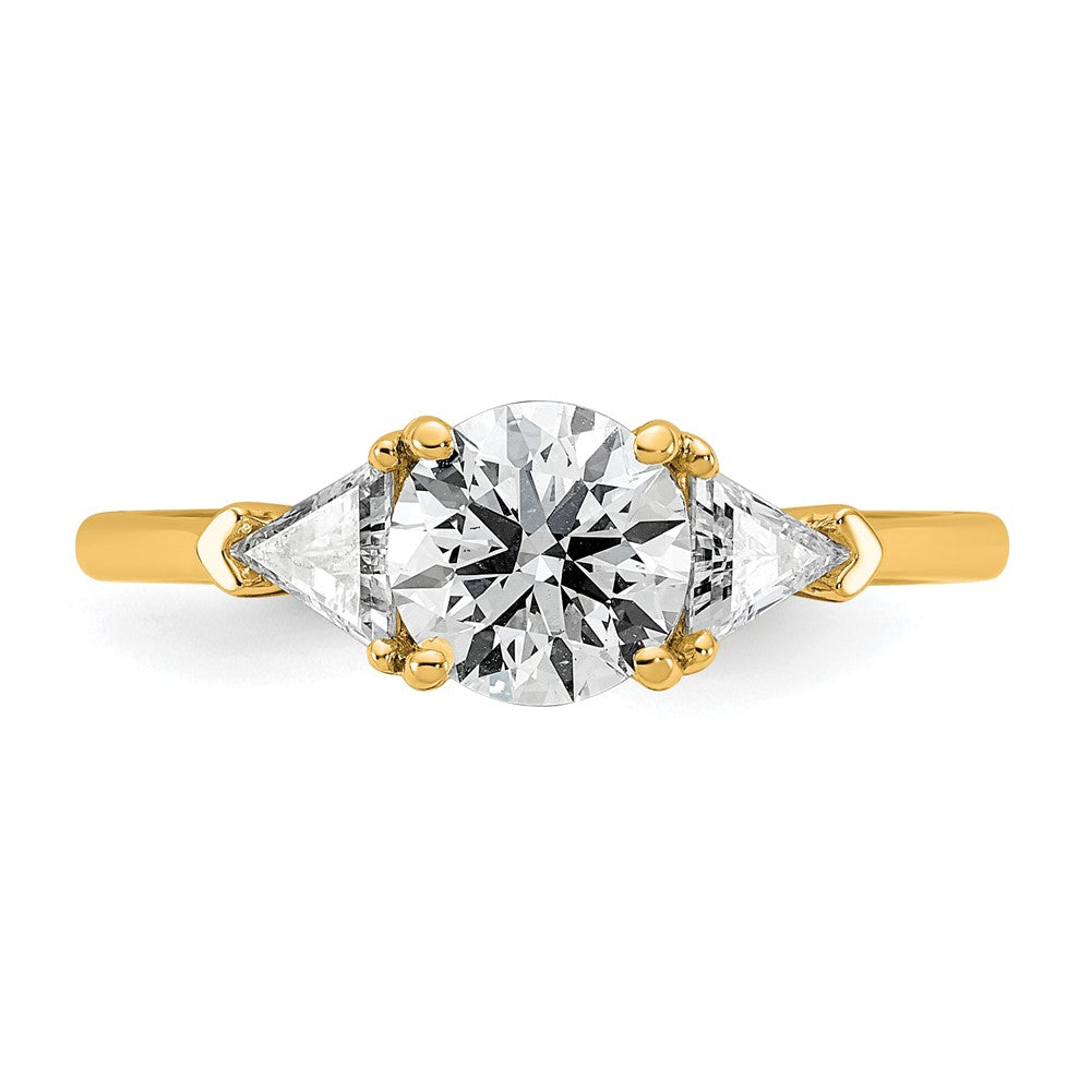 14k 1 1/2ct Cert Lab Grown Dia VS+ F+ Round/Triangle Comp 3 Stone Eng Ring