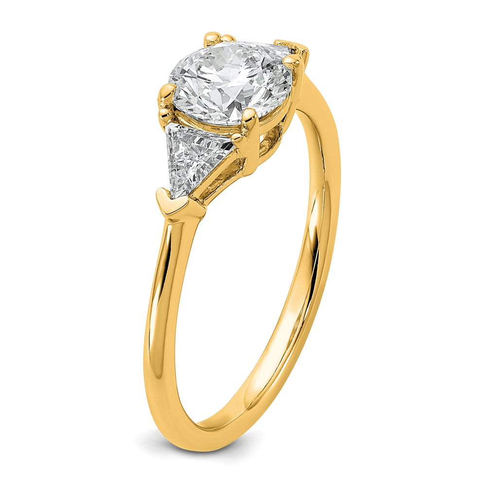 14k 1 1/2ct Cert Lab Grown Dia VS+ F+ Round/Triangle Comp 3 Stone Eng Ring