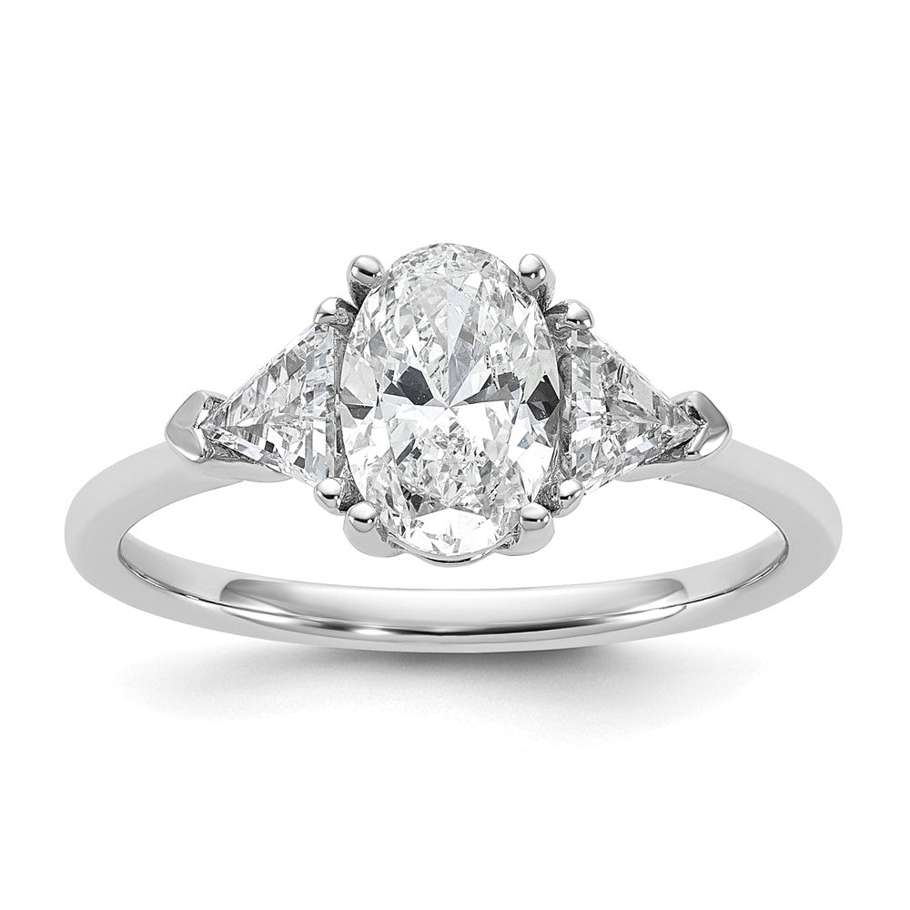 14kw 1/2ct Lab Grown Dia VS+ F+ Trillion&1ct Oval Semi 3 Stone Eng Ring