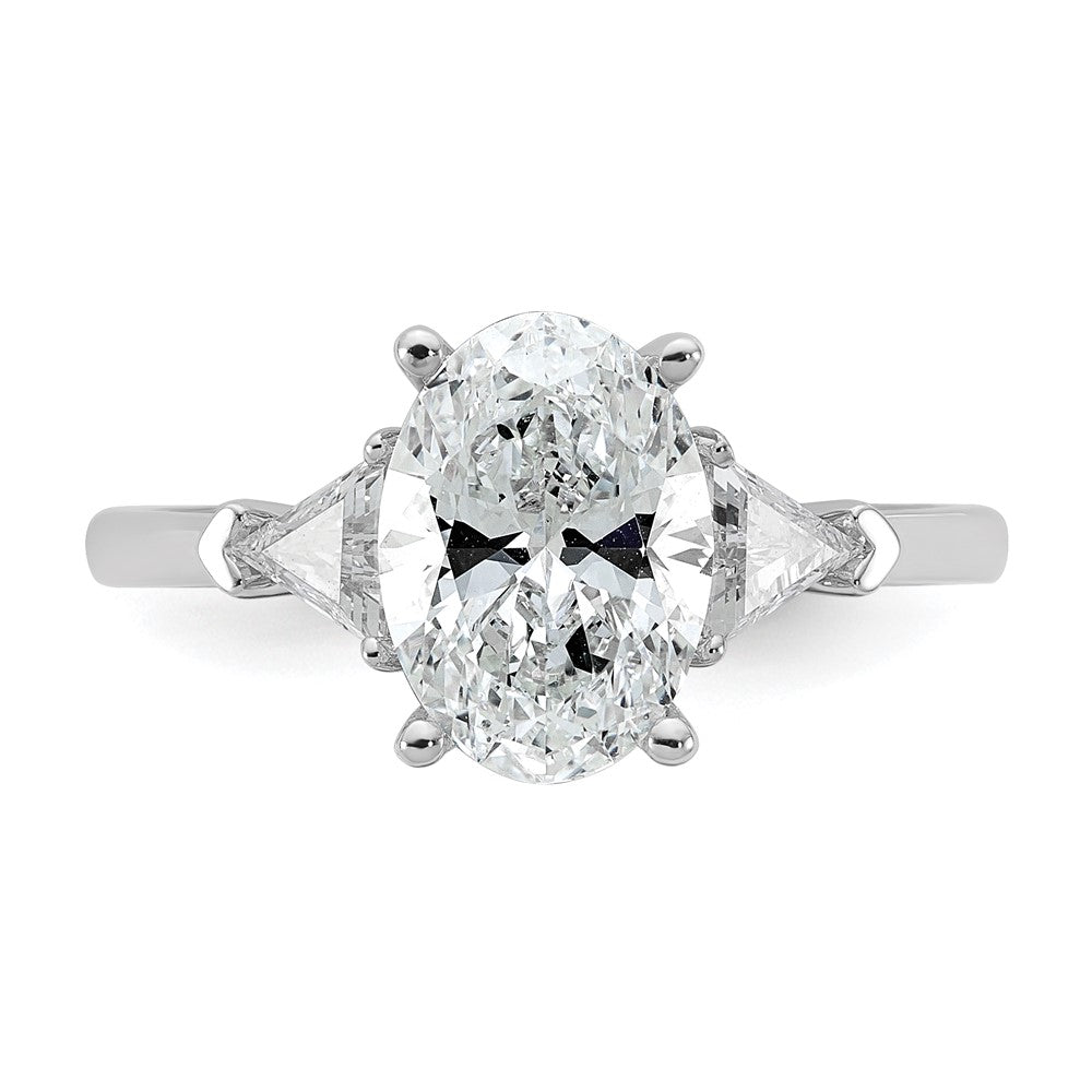 14kw 1/2ct Lab Grown Dia VS+ F+ Trillion&2ct Oval Semi 3 Stone Eng Ring