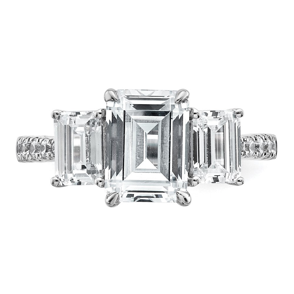 14kw 3 3/8ct Lab Grown Diamond VS+ F+ Emerald Comp 3 Stone Eng Ring