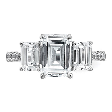 14kw 3 3/8ct Lab Grown Diamond VS+ F+ Emerald Comp 3 Stone Eng Ring