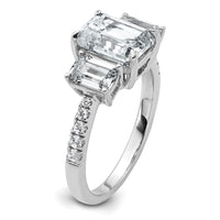 14kw 3 3/8ct Lab Grown Diamond VS+ F+ Emerald Comp 3 Stone Eng Ring