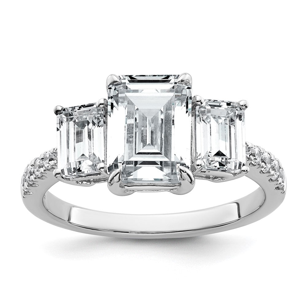 14kw 3 3/8ct Lab Grown Diamond VS+ F+ Emerald Comp 3 Stone Eng Ring