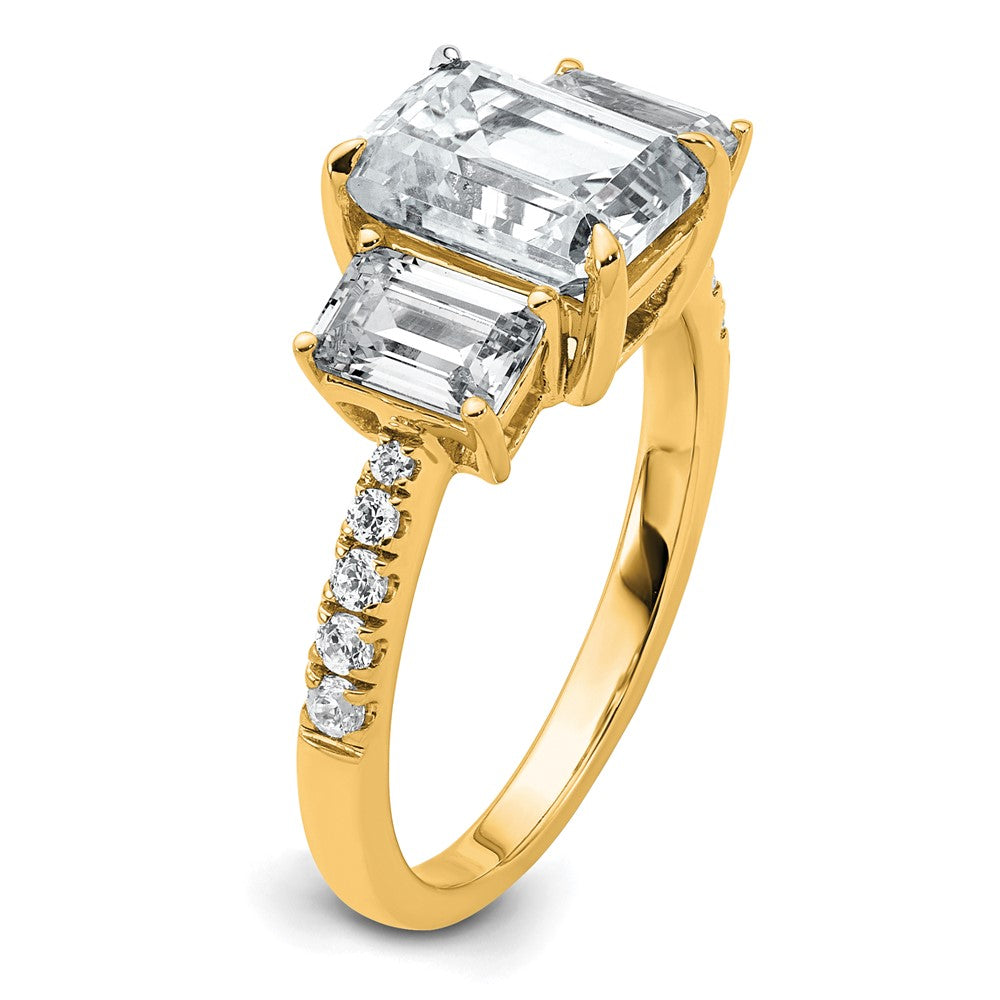 14k 3 3/8ct Lab Grown Diamond VS+ F+ Emerald Comp 3 Stone Eng Ring