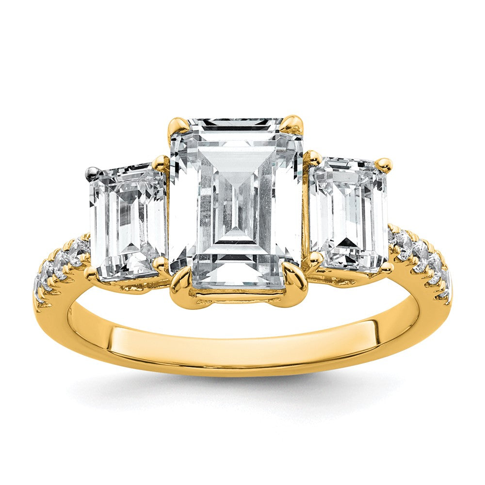 14k 3 3/8ct Lab Grown Diamond VS+ F+ Emerald Comp 3 Stone Eng Ring
