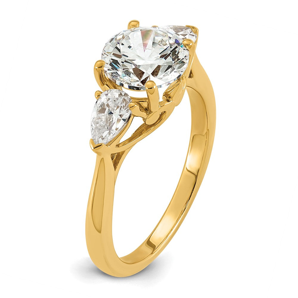 14k 2 1/2ct Lab Grown Diamond VS+ F+ Round w/Pear Comp 3 Stone Eng Ring