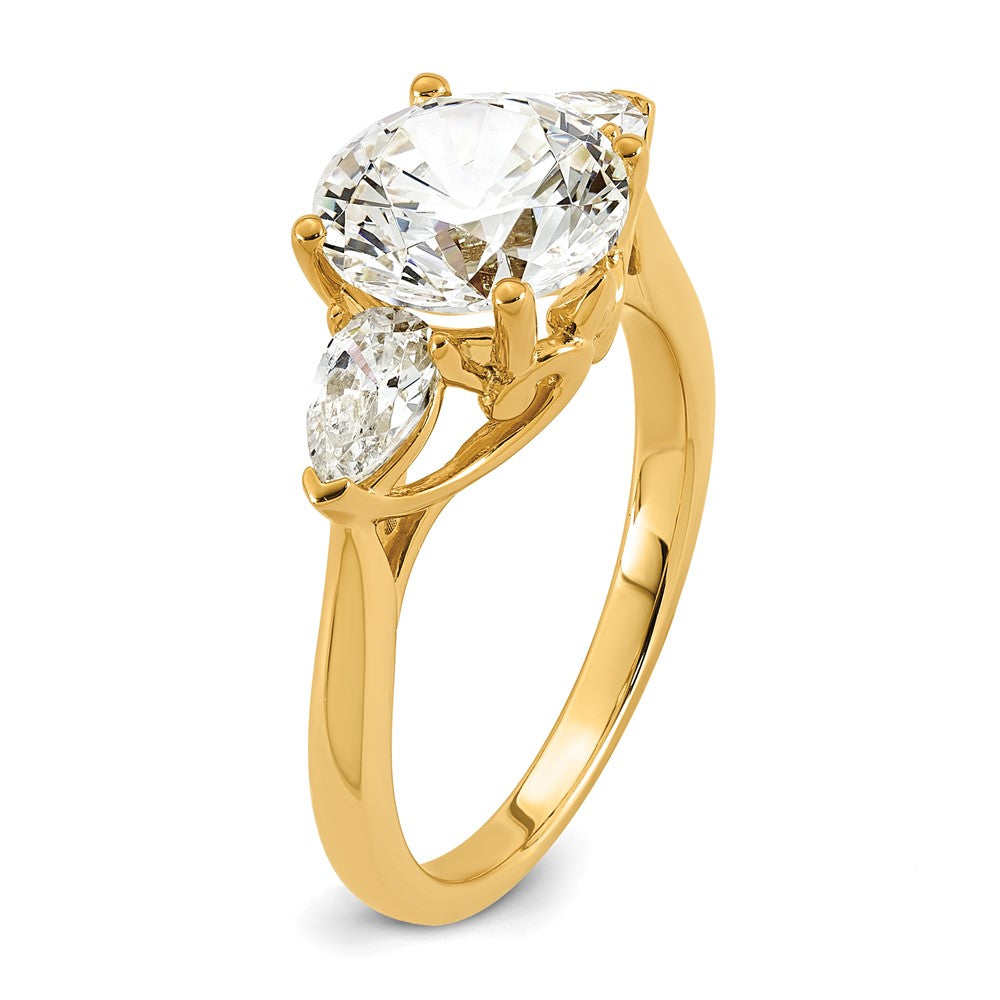 14k 3 5/8ct Lab Grown Diamond VS+ F+ Round w/Pear Comp 3 Stone Eng Ring