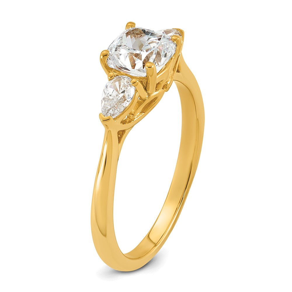 14k 1 3/8ct Lab Grown Diamond VS+ F+ Comp Cushion&Pear 3 Stone Eng Ring