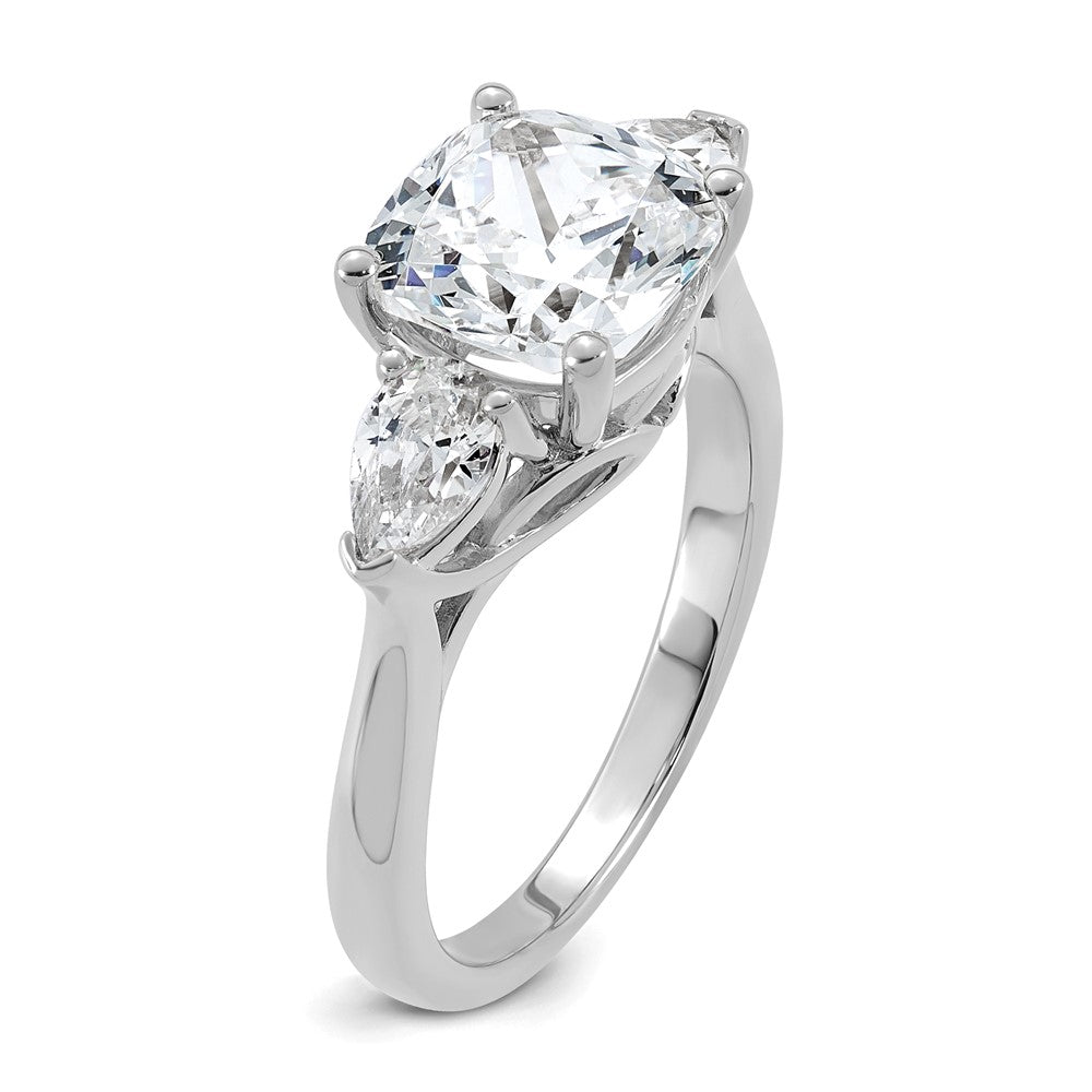 14kw 3 5/8ct Lab Grown Dia VS+ F+ Comp Cushion&Pear 3 Stone Eng Ring
