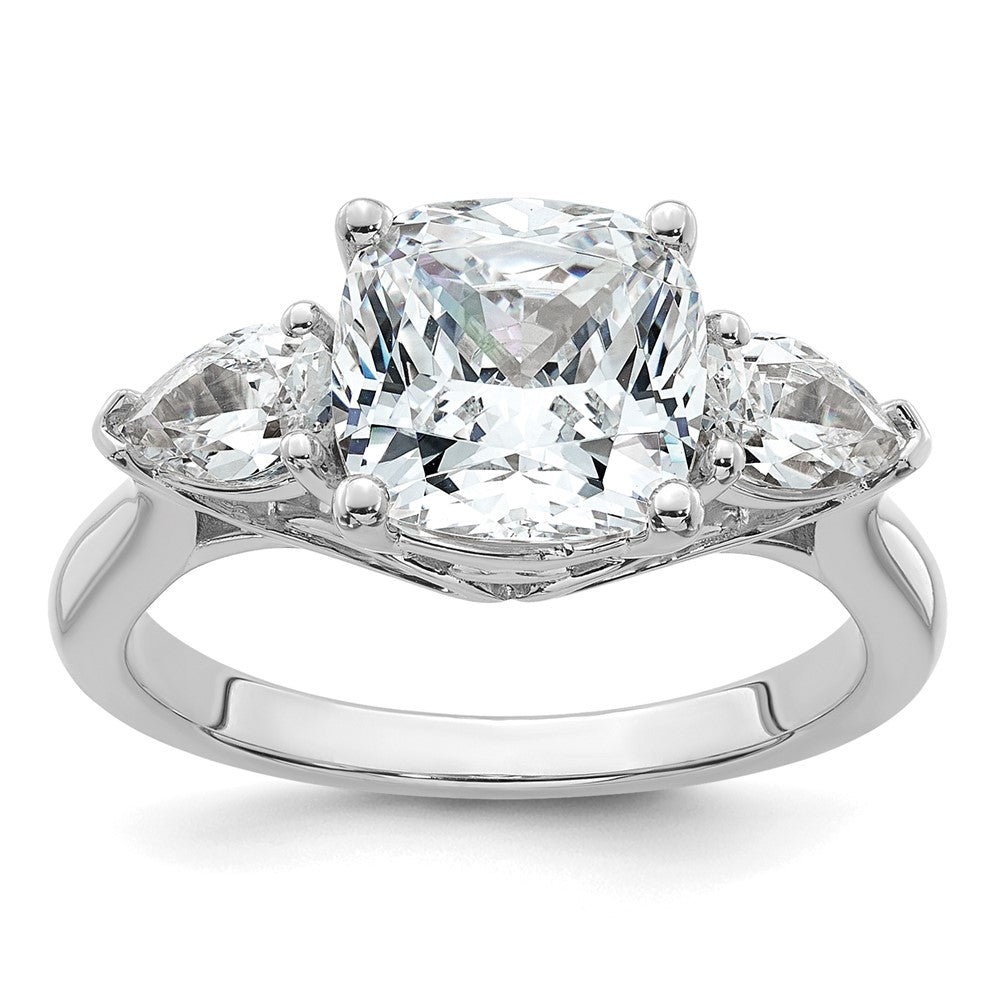 14kw 3 5/8ct Cert Lab Grown Dia VS+ F+ Comp Cushion&Pear 3 Stone Eng Ring