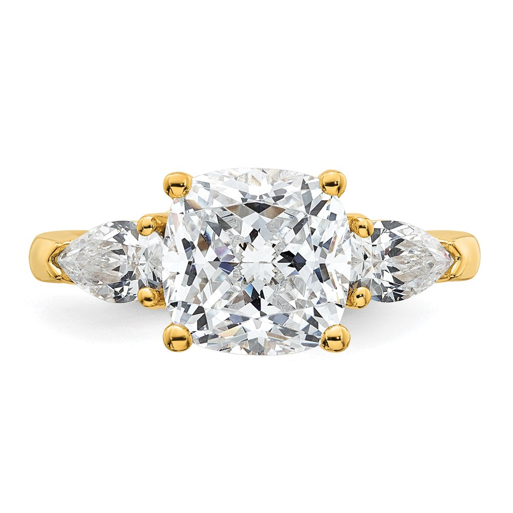 14k 3 5/8ct Cert Lab Grown Dia VS+ F+ Comp Cushion&Pear 3 Stone Eng Ring