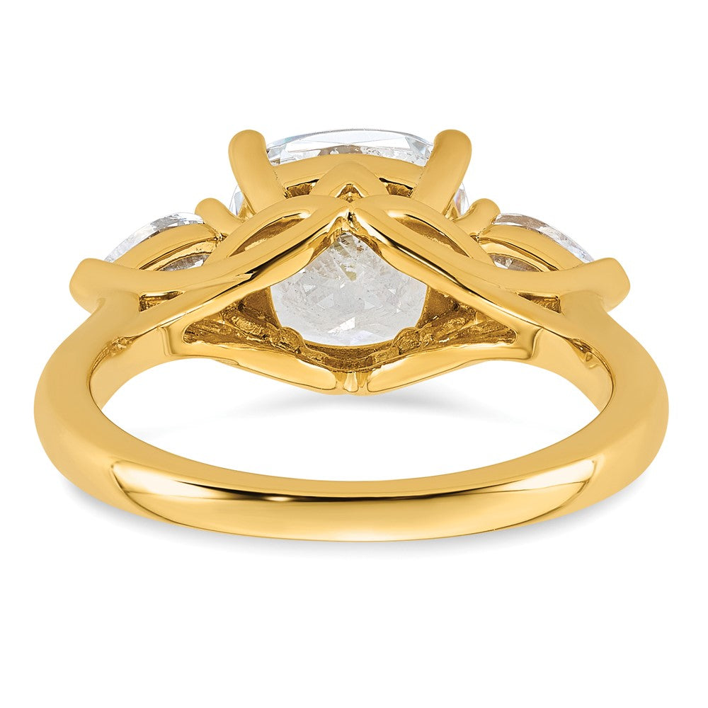 14k 3 5/8ct Cert Lab Grown Dia VS+ F+ Comp Cushion&Pear 3 Stone Eng Ring