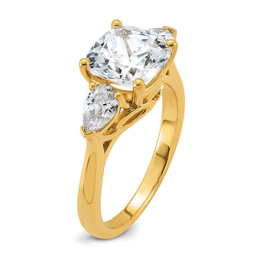 14k 3 5/8ct Cert Lab Grown Dia VS+ F+ Comp Cushion&Pear 3 Stone Eng Ring