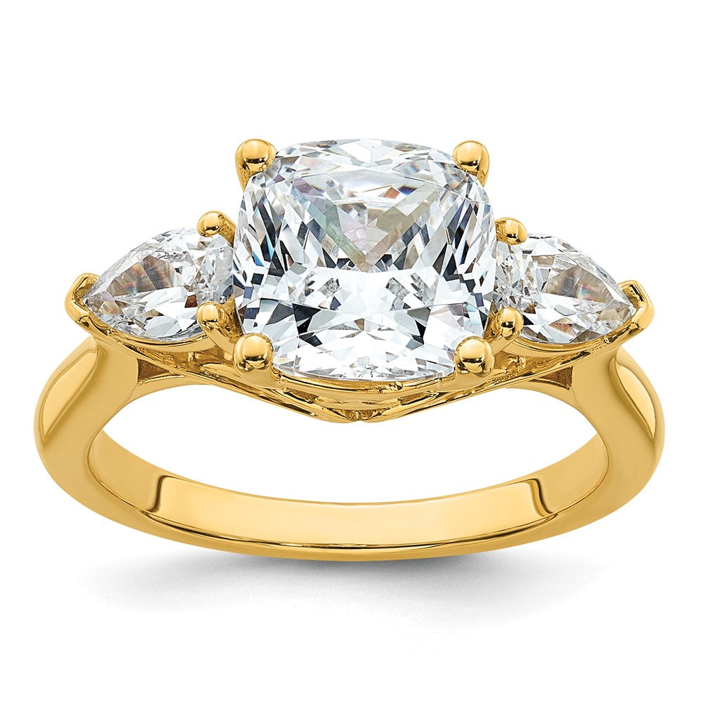14k 3 5/8ct Cert Lab Grown Dia VS+ F+ Comp Cushion&Pear 3 Stone Eng Ring