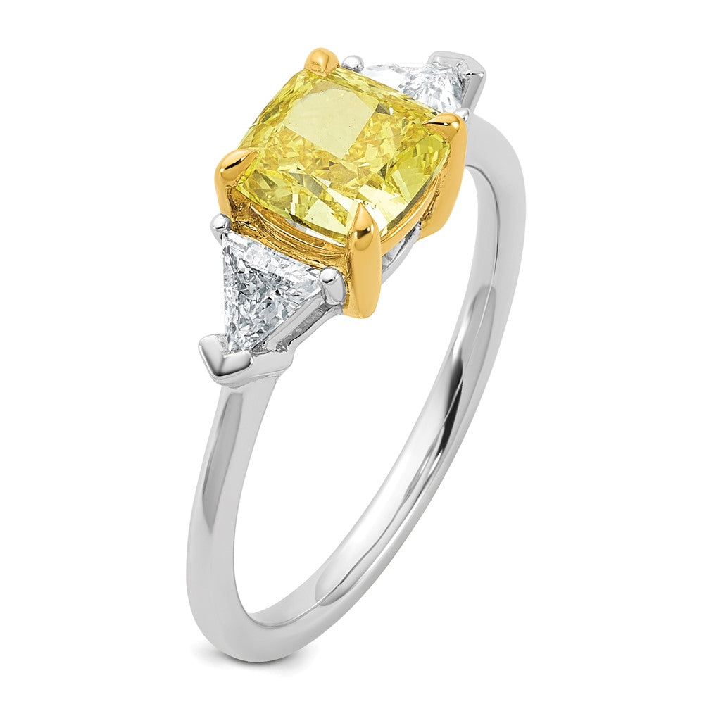 14ktt Lab Grown Dia. Cushion VS+ Cert. Vivid Yellow & Trillion VS+ F+ Ring