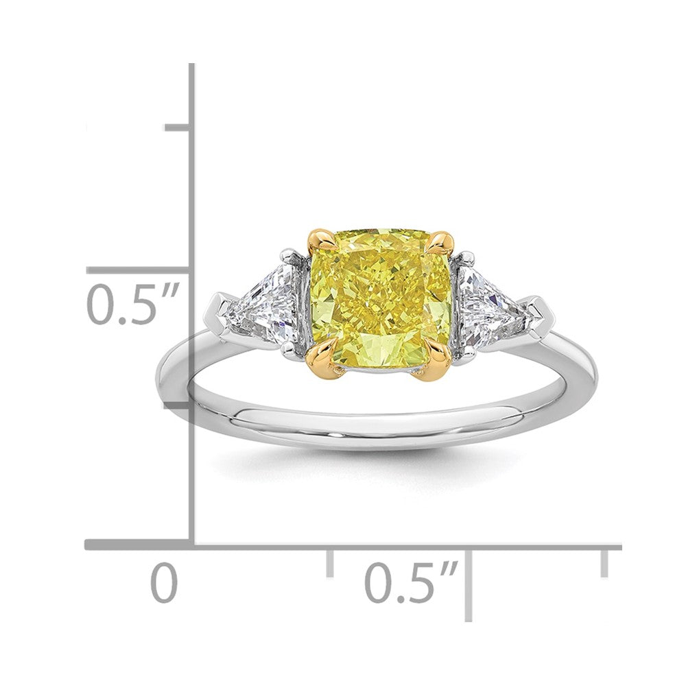 14ktt Lab Grown Dia. Cushion VS+ Cert. Vivid Yellow & Trillion VS+ F+ Ring