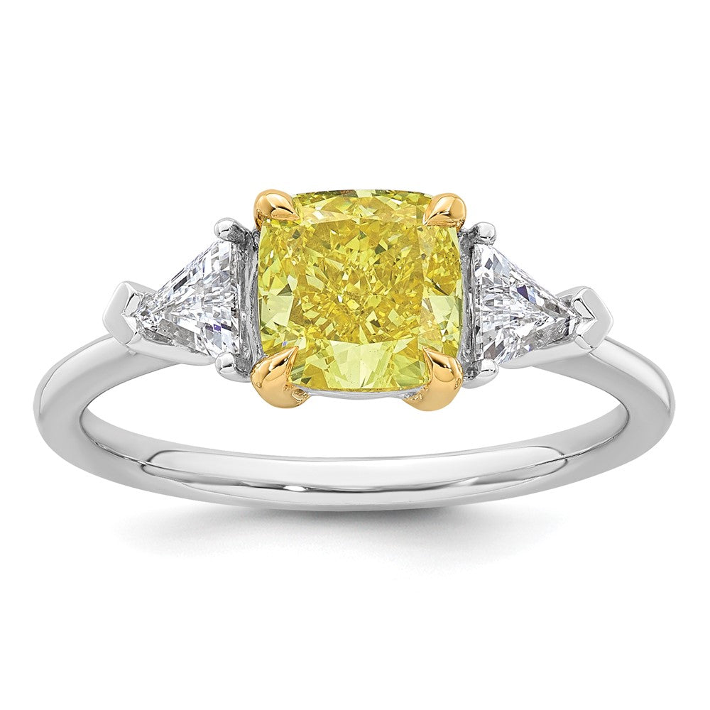 14ktt Lab Grown Dia. Cushion VS+ Cert. Vivid Yellow & Trillion VS+ F+ Ring