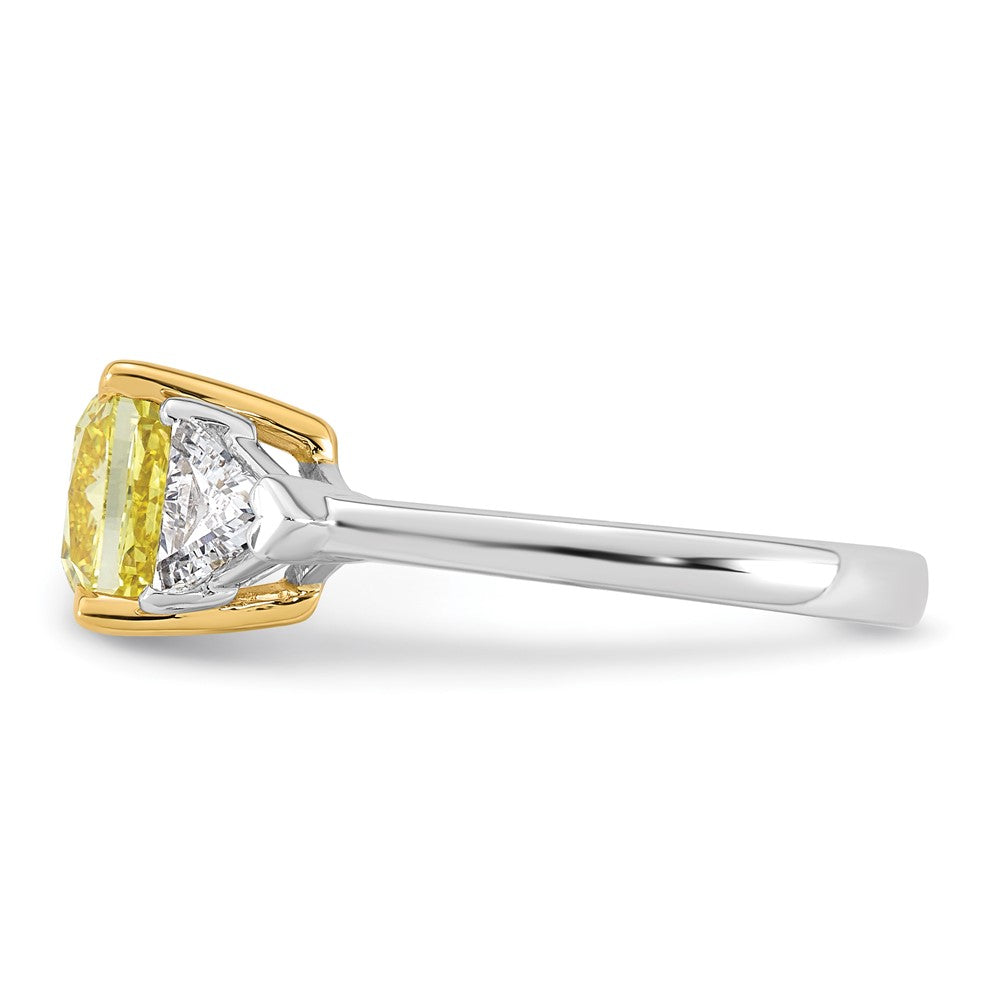 14ktt Lab Grown Dia. Cushion VS+ Cert. Vivid Yellow & Trillion VS+ F+ Ring