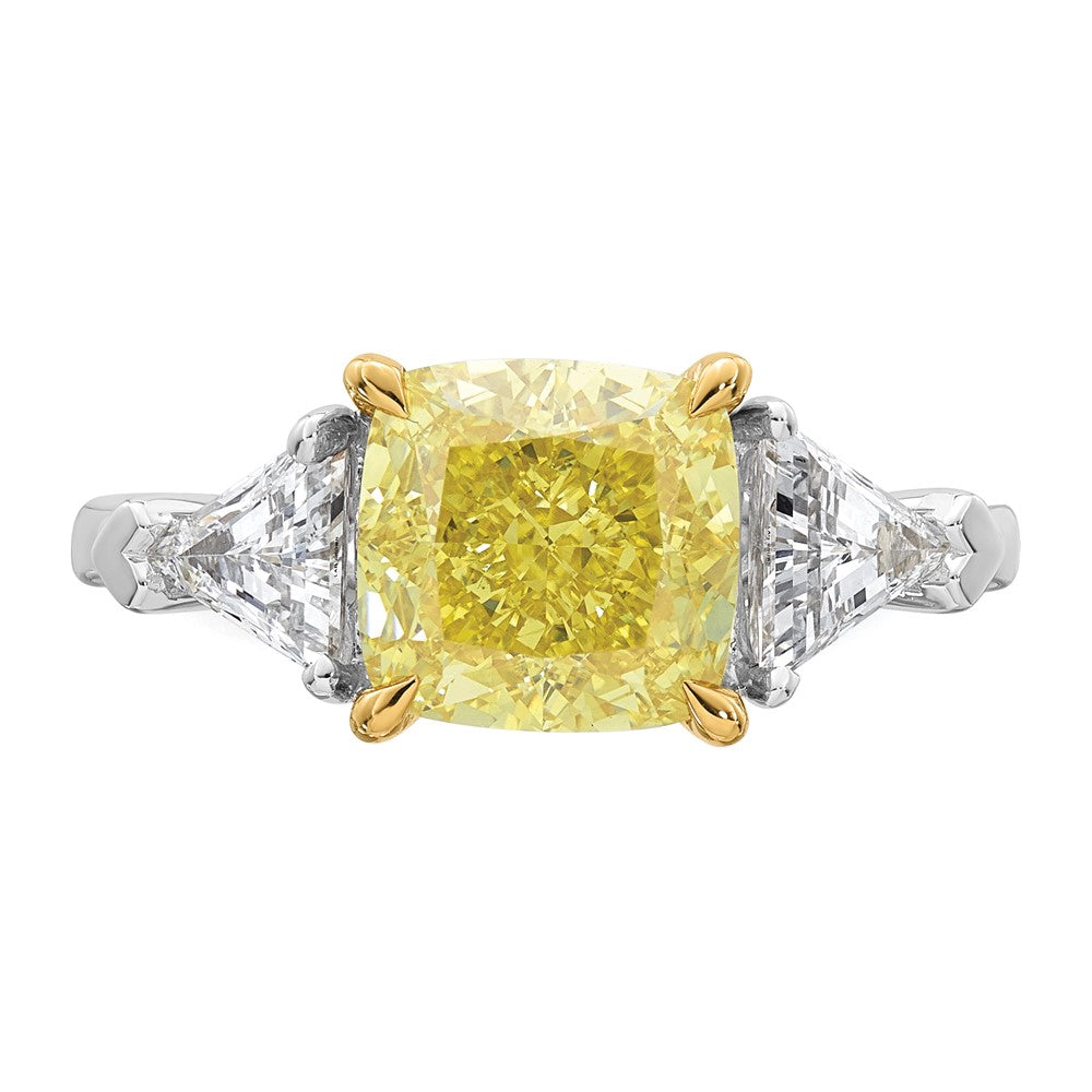14ktt Lab Grown Dia. Cushion VS+ Cert. Vivid Yellow & Trillion VS+ F+ Ring
