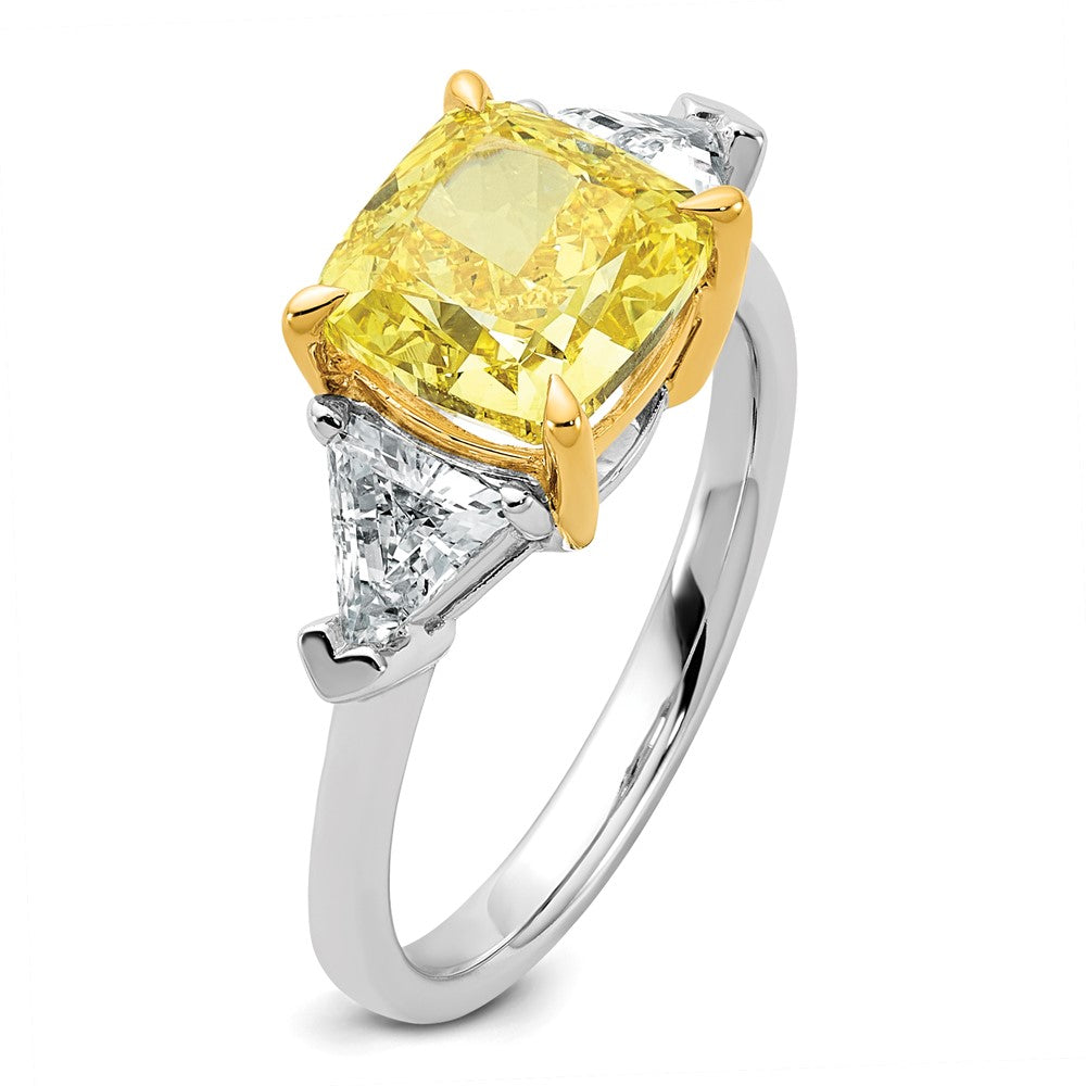 14ktt Lab Grown Dia. Cushion VS+ Cert. Vivid Yellow & Trillion VS+ F+ Ring
