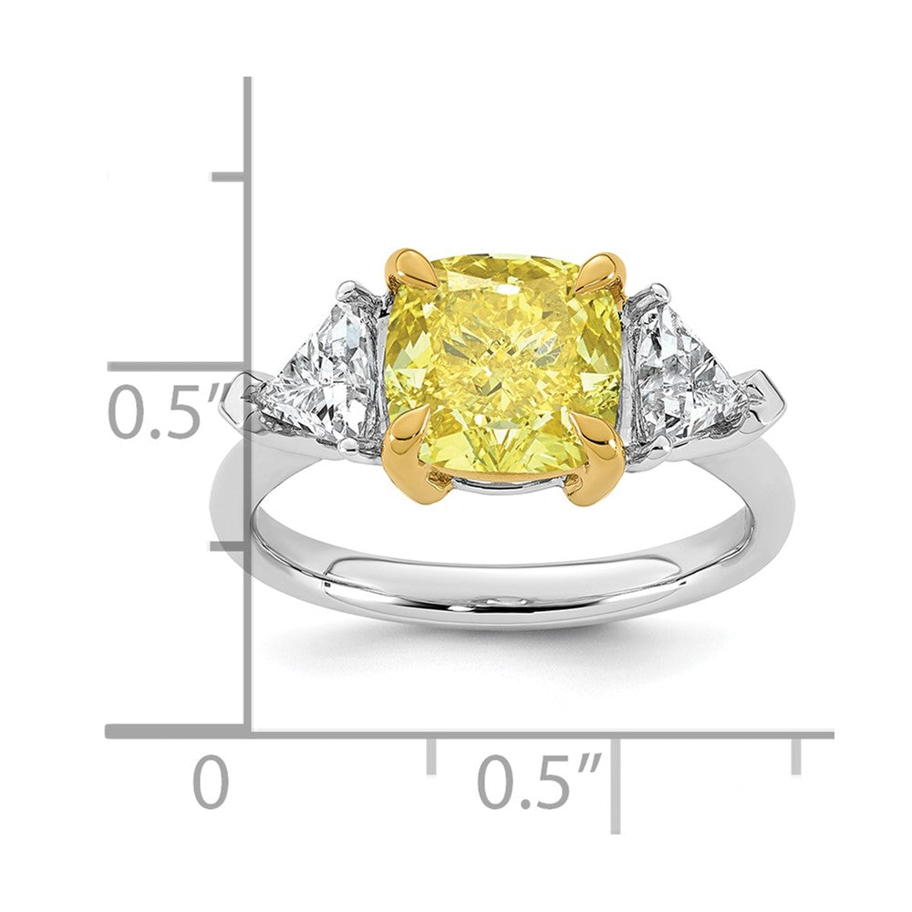 14ktt Lab Grown Dia. Cushion VS+ Cert. Vivid Yellow & Trillion VS+ F+ Ring