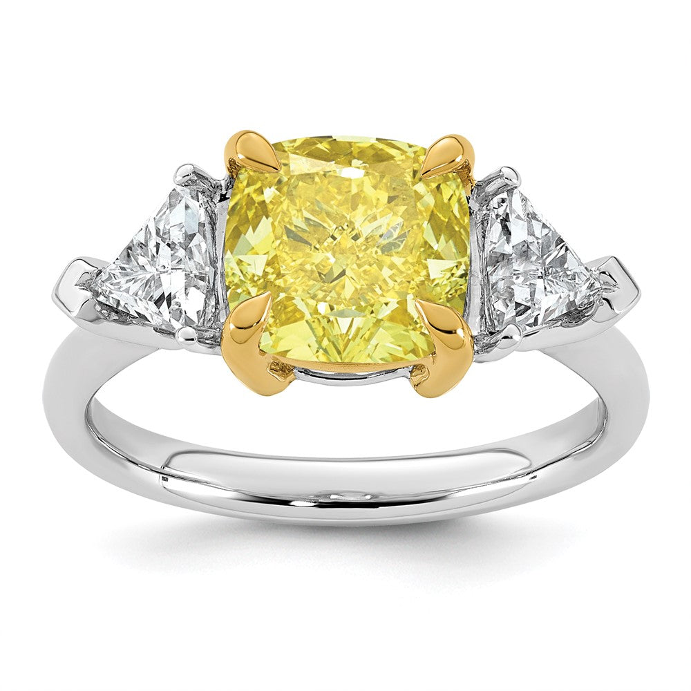 14ktt Lab Grown Dia. Cushion VS+ Cert. Vivid Yellow & Trillion VS+ F+ Ring