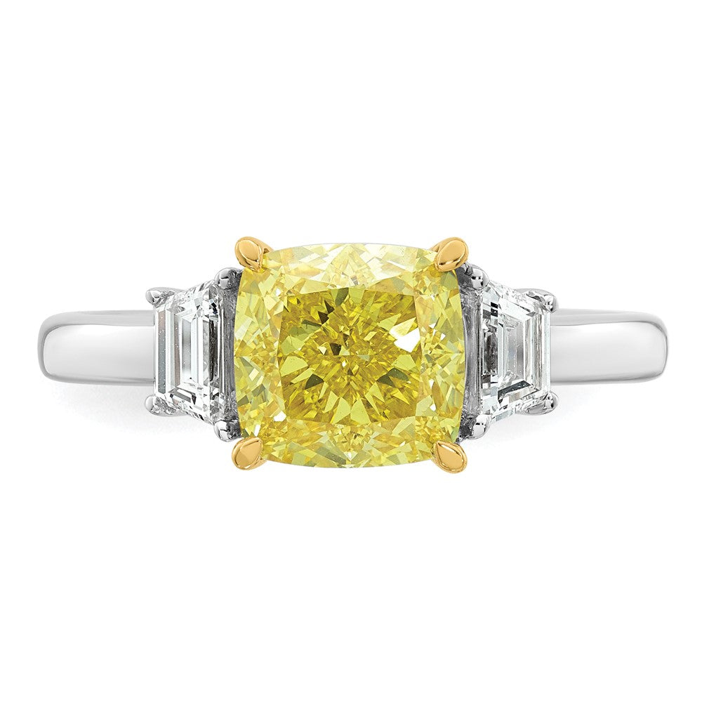 14ktt Lab Grown Dia. Cushion VS+ Cert. Vivid Yellow & Trapezoid VS+ F+ Ring