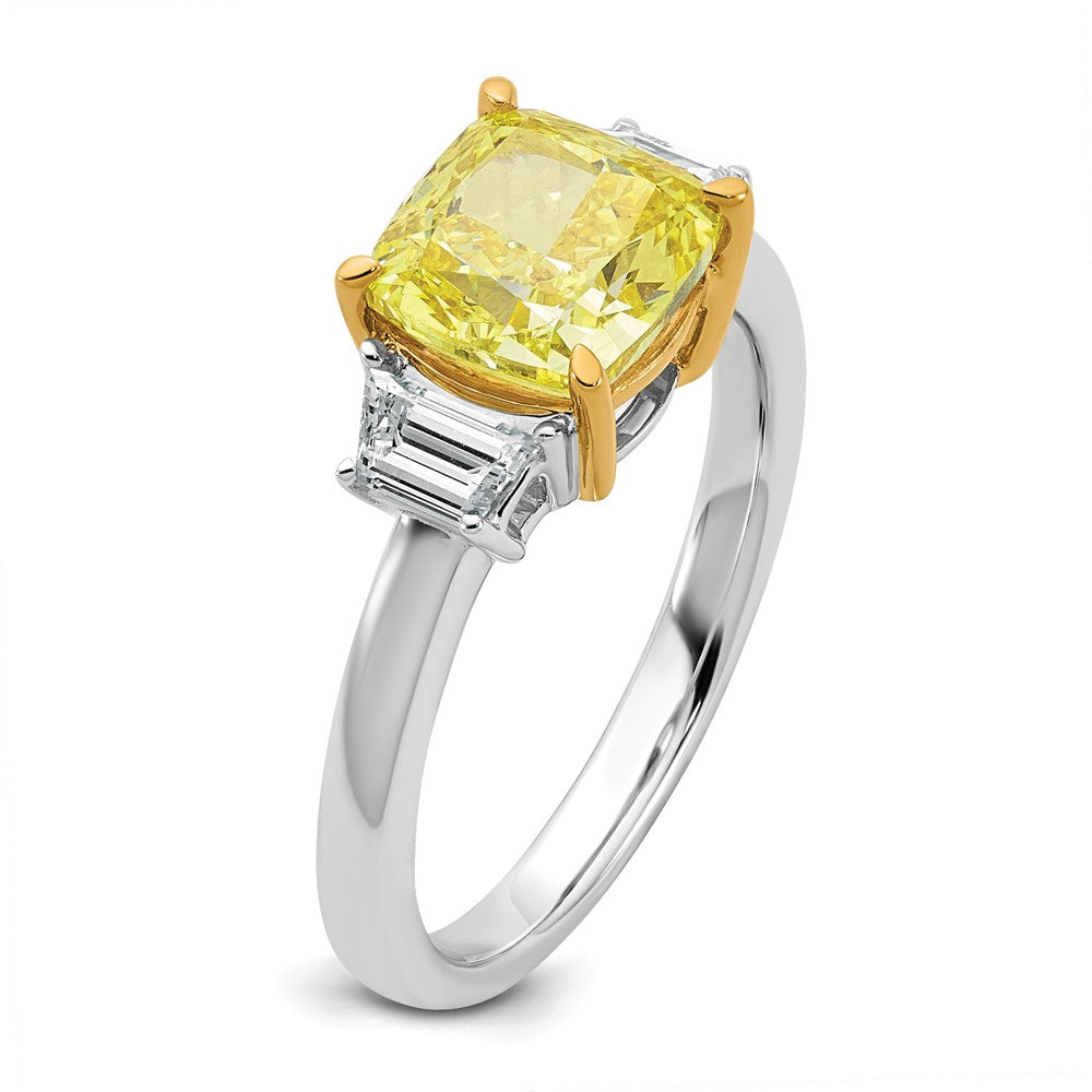 14ktt Lab Grown Dia. Cushion VS+ Cert. Vivid Yellow & Trapezoid VS+ F+ Ring
