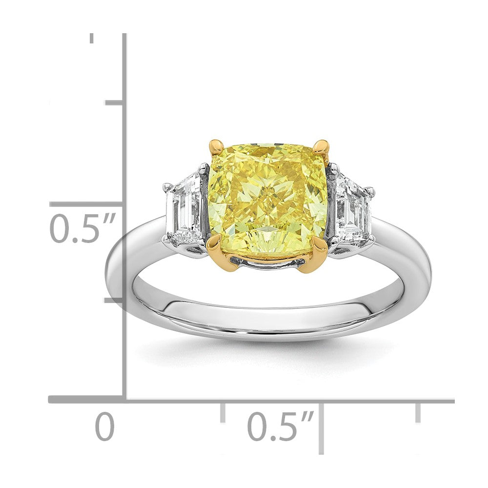 14ktt Lab Grown Dia. Cushion VS+ Cert. Vivid Yellow & Trapezoid VS+ F+ Ring