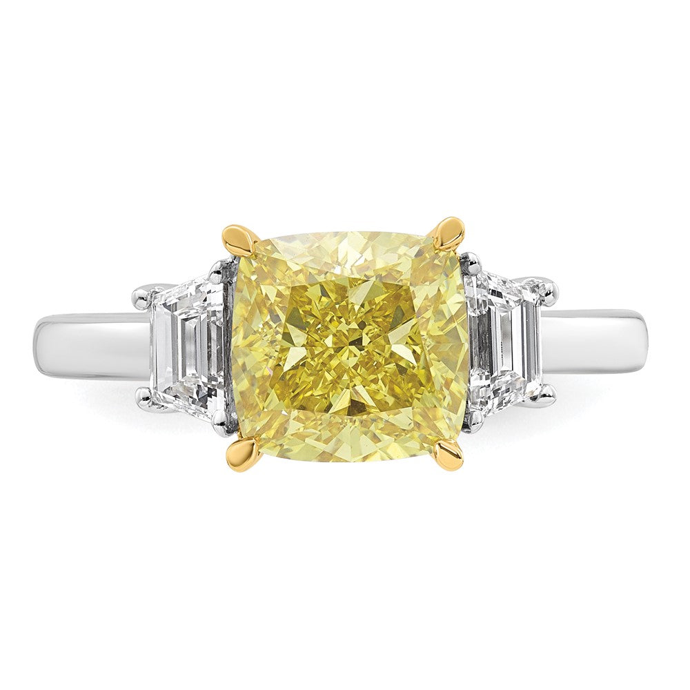 14ktt Lab Grown Dia. Cushion VS+ Cert. Vivid Yellow & Trapezoid VS+ F+ Ring