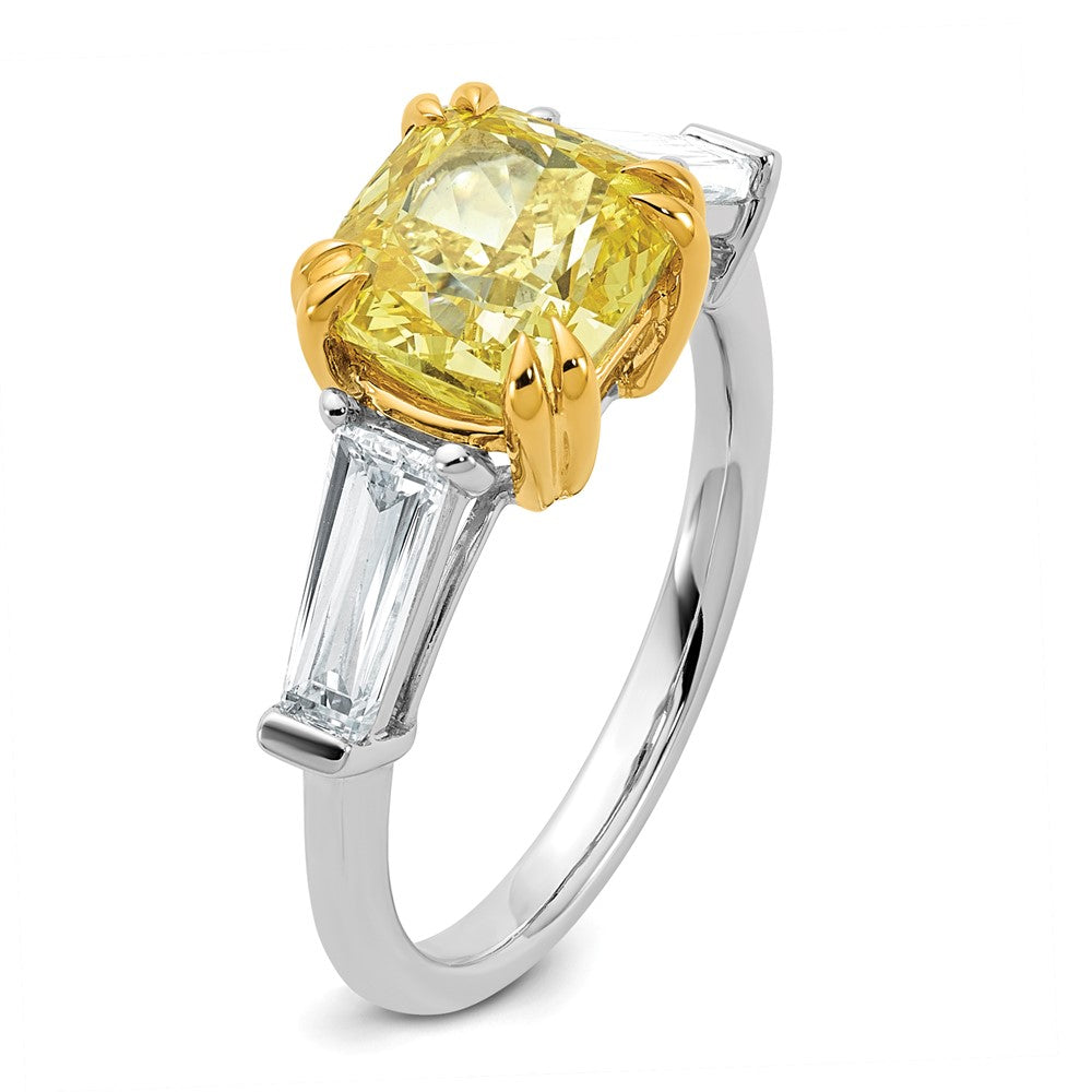 14ktt Lab Grown Dia. Cushion VS+ Cert. Vivid Yellow & Baguette VS+ F+ Ring