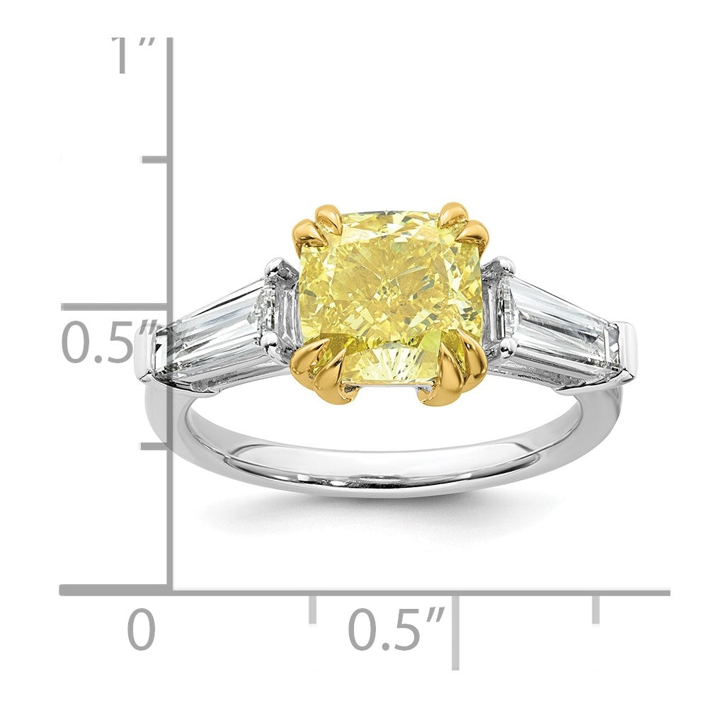 14ktt Lab Grown Dia. Cushion VS+ Cert. Vivid Yellow & Baguette VS+ F+ Ring
