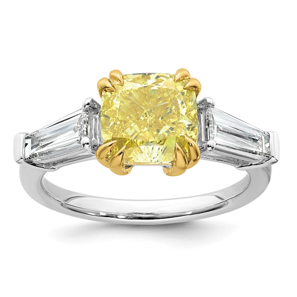 14ktt Lab Grown Dia. Cushion VS+ Cert. Vivid Yellow & Baguette VS+ F+ Ring