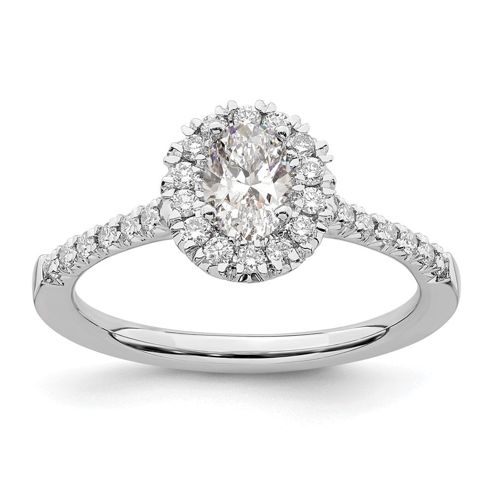 14kw 1/3ct Lab Grown Diamond VS/SI+ G+ 1/2ct Oval Semi Halo Eng Ring