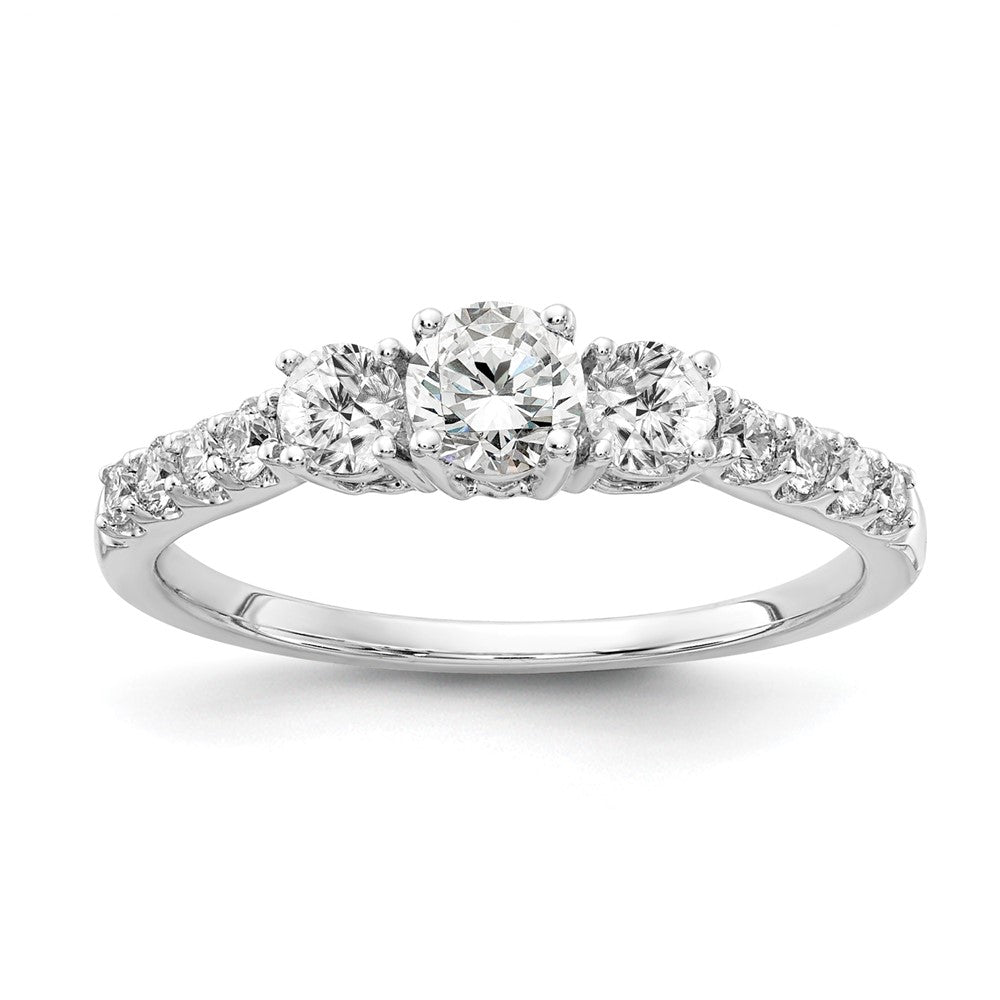 14kw 1/2 ct Lab Grown Diamond VS/SI+ G+ 1/4 ct Center Semi 3 Stone Eng Ring
