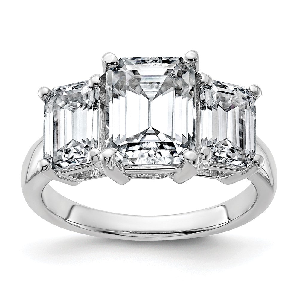 14k White Gold 2 1/2ct Lab Grown Dia VS+ F+ Emerald Comp 3 Stone Eng Ring