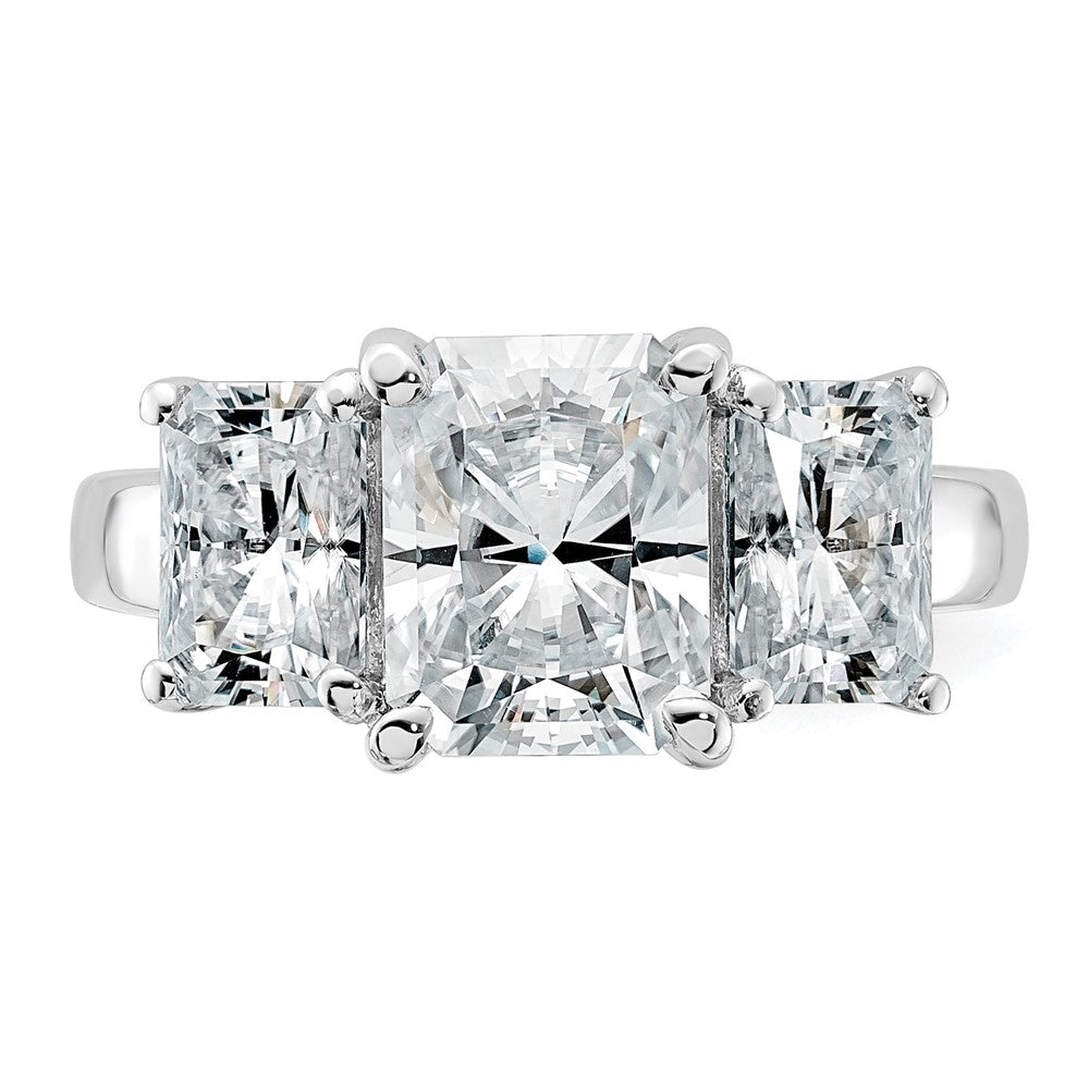 14kw 4 1/2ct Lab Grown Diamond VS+ F+ Radiant Comp 3 Stone Eng Ring