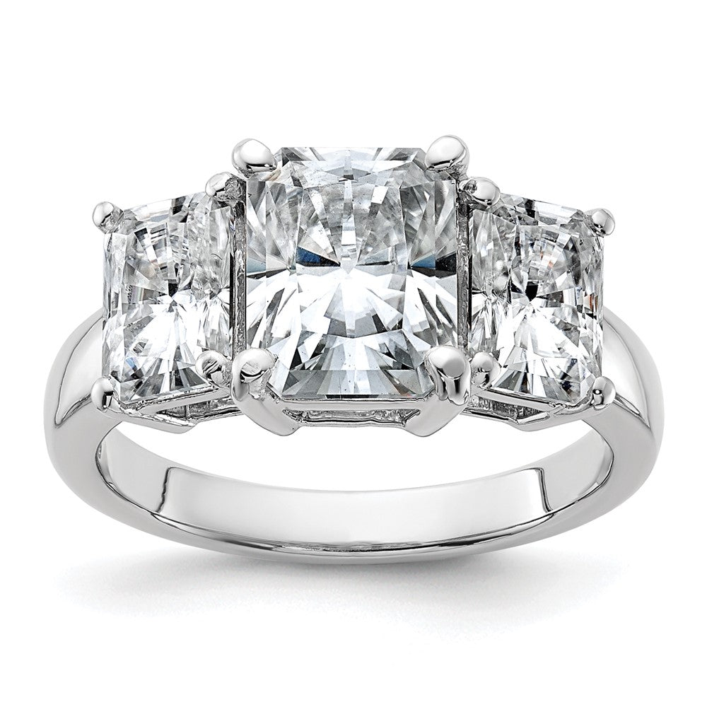 14kw 4 1/2ct Lab Grown Diamond VS+ F+ Radiant Comp 3 Stone Eng Ring