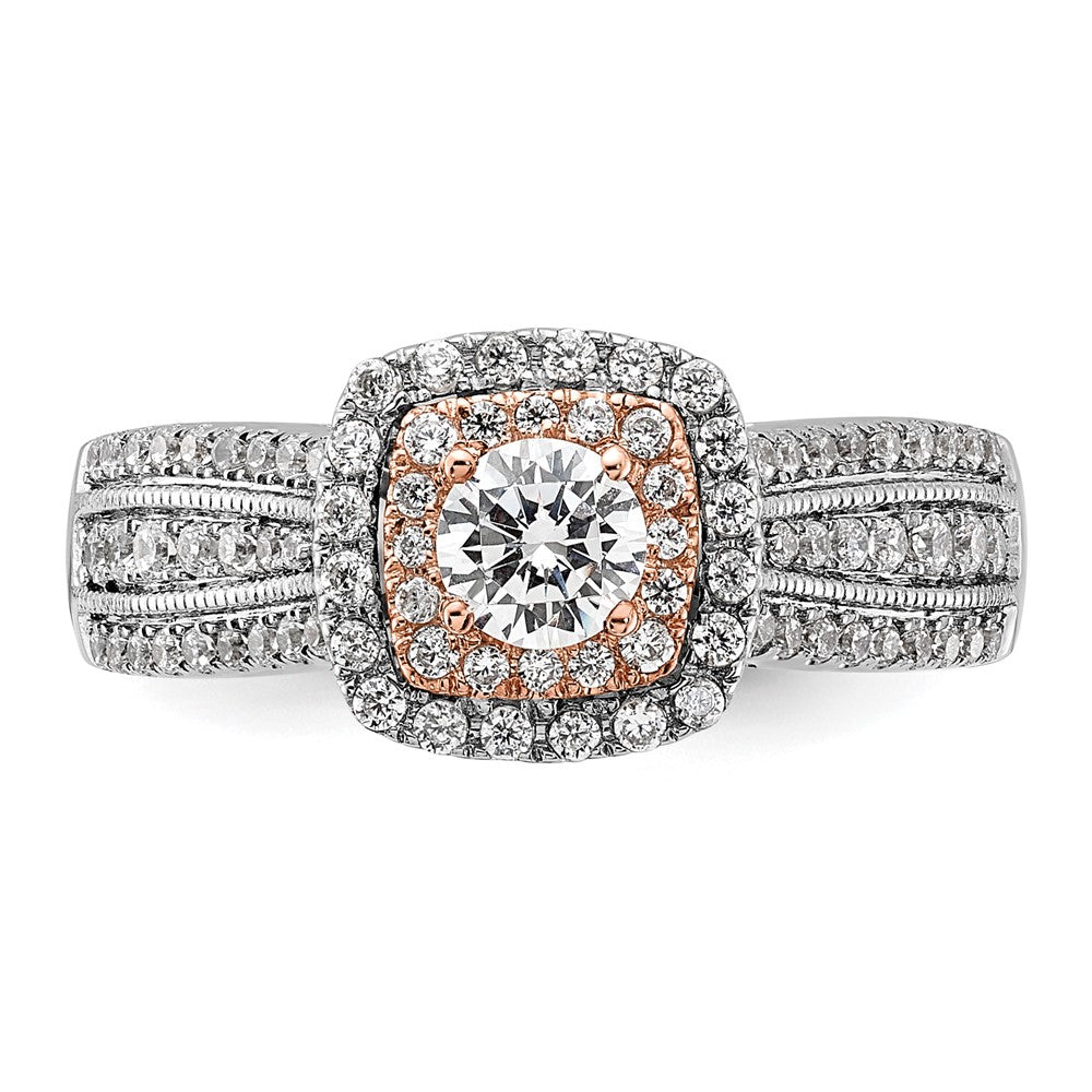 14k Two-tone 7/8 ct Lab Grown Dia VS/SI+ G+ Round Comp Halo Eng Ring