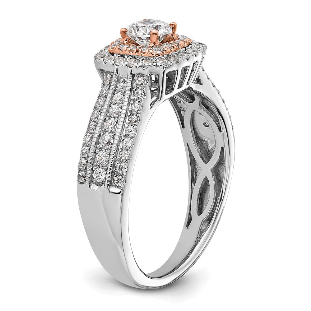 14k Two-tone 7/8 ct Lab Grown Dia VS/SI+ G+ Round Comp Halo Eng Ring